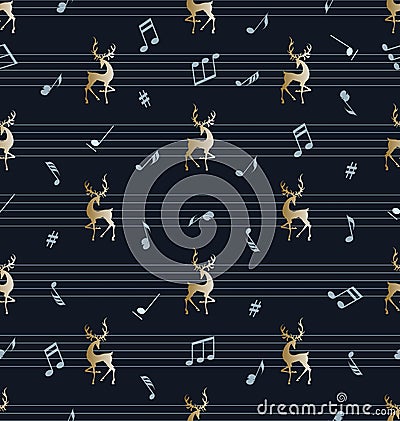 Musical background. Golden deer, musical notes and stave. Vector Illustration